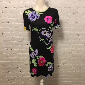 Leonard Paris silk knit mini dress black floral size 38